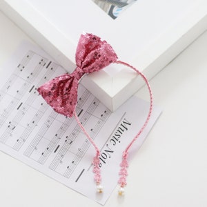 Summer Crystal - Sequin Bow Headband with Pearl Earring Pendants For Girls - 1 Pack