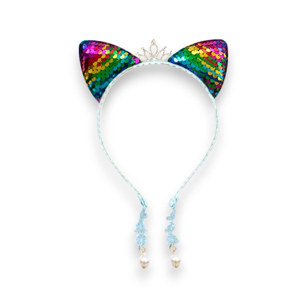 Summer Crystal Sparkling Large Sequins Cat Ears Headband with Pearl Earring Pendants For Girls