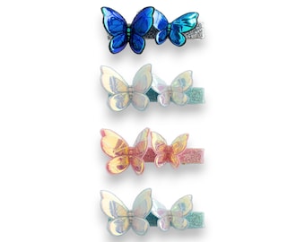 Confezione da 4 fermagli per capelli da bambina da 5 cm con farfalle olografiche 3D lucide - Summer Crystal®