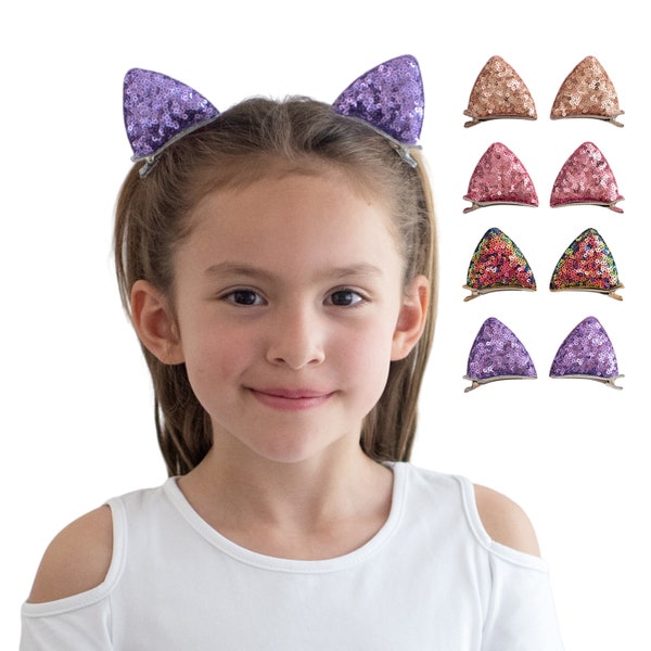 Summer Crystal Sparkling Small Sequins Cat Ears Hair Clips For Girls - Pack of 1 Pair