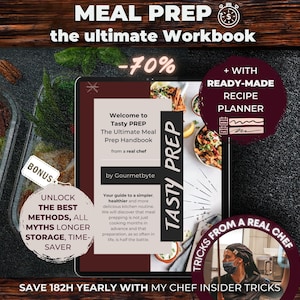 Op de afbeelding: Een digitaal werkboek met de titel "Tasty Prep: The Ultimate Meal Prep Handbook" met een rood-zwart kleurenschema. Het werkboek wordt geadverteerd met 70% korting en bevat een bonusgedeelte met de titel "Ontgrendel de beste methoden, alle mythen langere opslag, tijdwinst". Het werkboek bevat ook een kant-en-klare receptenplanner.