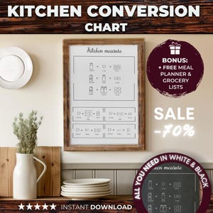 Può includere: Un grafico di conversione da cucina incorniciato, che mostra le misure della cucina. Il grafico include illustrazioni di misurini e cucchiai. È inclusa un'offerta bonus per un pianificatore di pasti e liste della spesa gratuiti. L'immagine presenta anche una vendita del 70%.