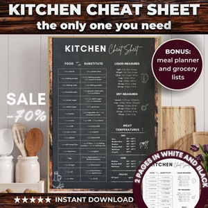 Printable Kitchen Cheat Sheet, Cooking Times Chart, Kitchen Guide, Measurement Chart, Kitchen Conversion Sign, Meat Doneness, Cook Chart