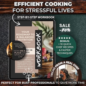 Könnte beinhalten: Ein digitales Arbeitsbuch mit dem Titel "Effizientes Kochen für stressige Leben: Schritt-für-Schritt-Arbeitsbuch" mit einem Verkaufspreis von -70%. Das Cover zeigt ein Foto einer Schüssel mit Obst und Müsli vor einem Hintergrund aus grünem Laub. Der Text "Ihr Fahrplan zu einer ausgewogenen Ernährung" ist auf dem Cover zu sehen. Der Text "Bonus: +10 schnelle Chefkoch-Rezepte & schnellere Techniken" ist ebenfalls auf dem Cover zu sehen.