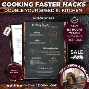 Könnte beinhalten: Ein digitales Spickzettel mit dem Titel "Cooking Faster Hacks: Double Your Speed in Kitchen" auf einem dunklen Holzgrund. Der Spickzettel ist eine schwarze Tafel mit weißem Text und Illustrationen. Der Text enthält "Save 182 Hours Yearly with This Methods" und "Sale -70%".