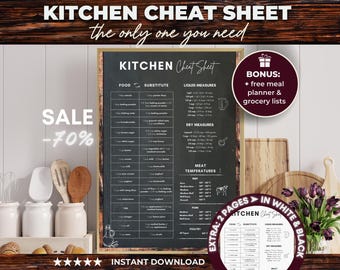 Printable Kitchen Cheat Sheet, Cooking Times Chart, Kitchen Guide, Cooking Conversion Chart, Cooking Cheat Sheet, Kitchen Measurement Chart