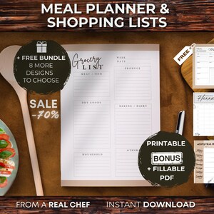 Könnte beinhalten: Druckbare Meal Planner- und Einkaufslistenvorlagen. Das Bild zeigt eine Reihe von druckbaren Planerseiten mit Abschnitten für die Menüplanung, Einkaufslisten und einen Wochenplaner. Der Text "Printable Bonus + Fillable PDF" ist ebenfalls im Bild enthalten.