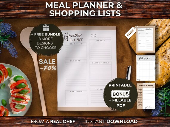 Weekly Meal Planner Printable, Grocery List Editable, Meal Plan Template, Printable Shopping List, Digital Meal Planner, 7 Day Menu Planner