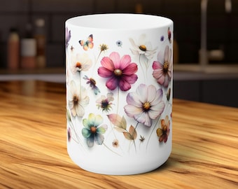 Pressed Flowers Mug, Boho Wildflowers Cottagecore Coffee Mug, Flower Garden Lover, Gift For Her, Botanical TeaCup, Autumn Floral Nature