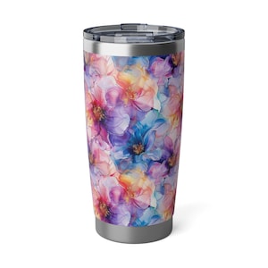 Colorful Floral Stainless Steel Tumbler - Insulated Travel Mug - 20oz Double Wall Vacuum Sealed Tumbler - Watercolor Flower Pattern