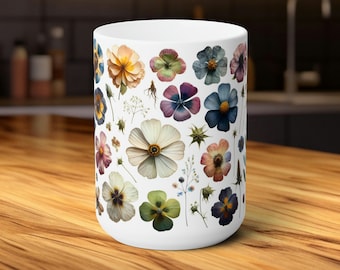 Pressed Flowers Mug, Boho Wildflowers Cottagecore Coffee Mug, Flower Garden Lover, Gift For Her, Botanical TeaCup, Autumn Floral Nature