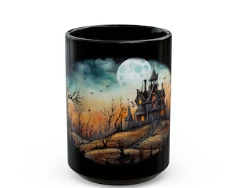 Haunted House Halloween Mug Spooky Gothic Coffee Cup Black Ceramic Mug with Haunted Mansion Design Perfect Halloween Gift for Horror Fans