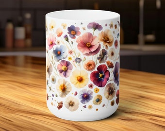 Pressed Flowers Mug, Boho Wildflowers Cottagecore Coffee Mug, Flower Garden Lover, Gift For Her, Botanical TeaCup, Autumn Floral Nature