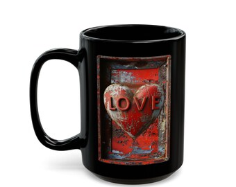 Rustikale Liebes-Herz-Kaffeetasse, Vintage-Industrie-Stil, rote Liebestasse, romantisches Geschenk für ihn, sie, Valentinstag-Geschenktasse