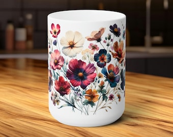 Pressed Flowers Mug, Boho Wildflowers Cottagecore Coffee Mug, Flower Garden Lover, Gift For Her, Botanical TeaCup, Autumn Floral Nature