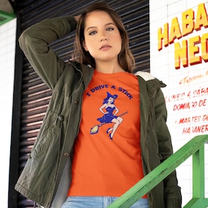Funny Halloween Witch T-Shirt I Drive a Stick Retro Pinup Broomstick Tee Spooky Fall Shirt for Women Costume Party Graphic Top