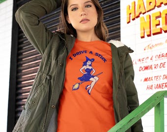 Funny Halloween Witch T-Shirt I Drive a Stick Retro Pinup Broomstick Tee Spooky Fall Shirt for Women Costume Party Graphic Top