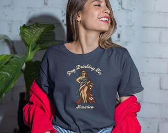 Day Drinking for America T-Shirt Funny Patriotic Pin-Up Graphic Tee for 4th of July BBQs & Summer Celebrations