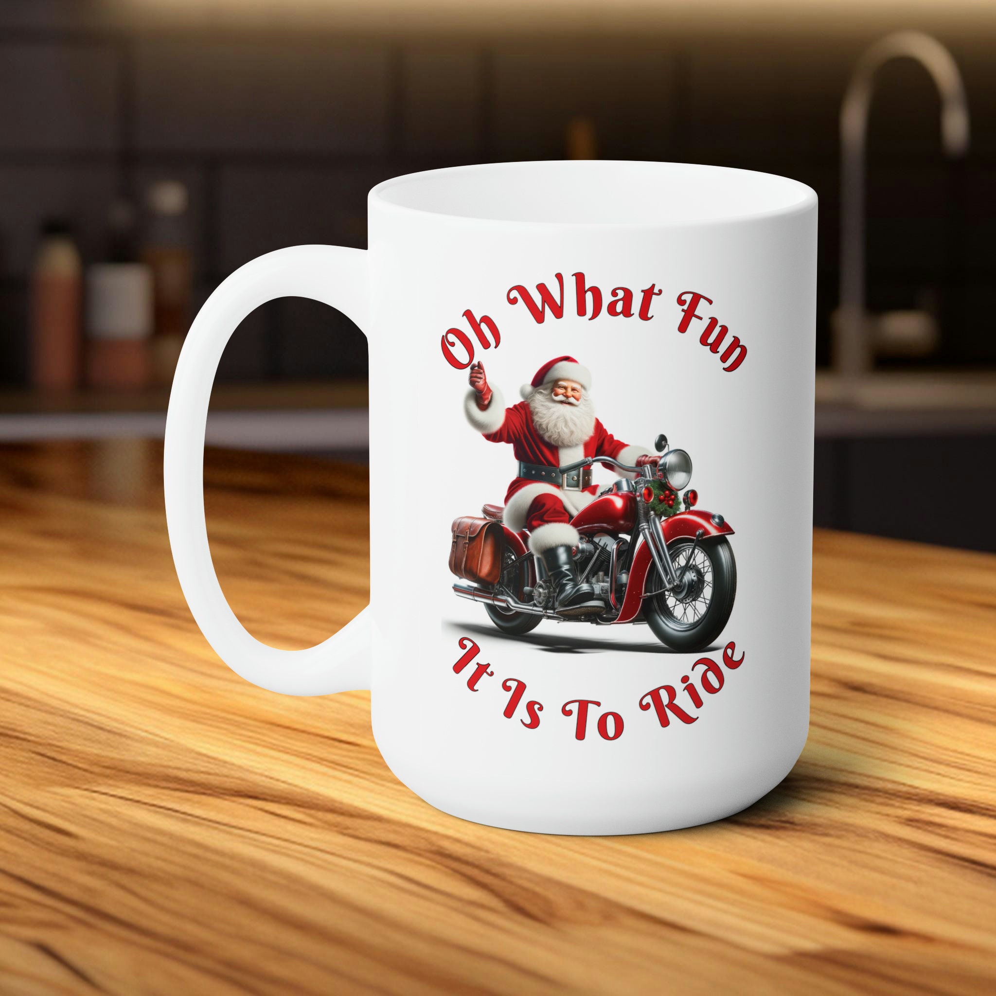 バイクに乗ったサンタのマグカップ ユニークなクリスマスコーヒー