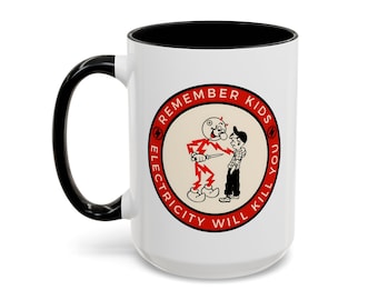 Vintage Safety Reminder Coffee Mug Electricity Will Kill You Retro Graphic Cup, Educational White Ceramic Mug Funny Mug
