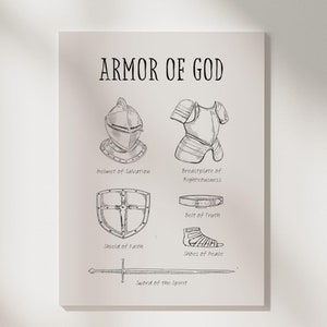 May include: A black and white illustration of the Armor of God, a Christian concept representing spiritual protection. The illustration depicts a helmet, breastplate, shield, belt, shoes, and sword, each labeled with its corresponding spiritual attribute.