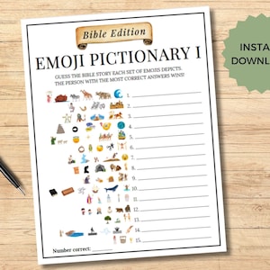Può includere: Un foglio di gioco stampabile con il titolo "Emoji Pictionary I: Bible Edition". Il gioco istruisce i giocatori a indovinare la storia biblica che ogni set di emoji rappresenta. Il foglio include 15 righe per consentire ai giocatori di scrivere le loro risposte.