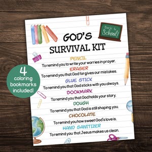 Kit di sopravvivenza di Dio, Kit di sopravvivenza cristiana, Benedizione dello zaino, Biglietto di bentornato, Etichette regalo stampabili per il primo giorno di scuola, Etichetta con preghiera a matita