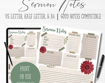 Notas de sermones / Notas de sermones imprimibles / Notas de sermones digitales / Notas de sermones en PDF / Plantilla de notas de sermones / Notas de sermones en línea / Notas de la iglesia