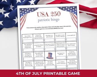 250th Anniversary Find the Guest Bingo, Printable Fourth of July Bingo, 4th of July Games Family Reunion Games Ice Breaker Games