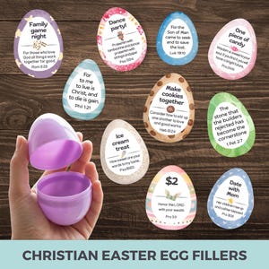 May include: A hand holds a purple Easter egg, open to reveal the inside. Surrounding the egg are colorful egg-shaped cards with inspirational messages and Bible verses. The text "CHRISTIAN EASTER EGG FILLERS" is at the bottom.