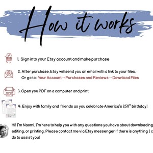 May include: A white background with the words "How it works" in black script above numbered steps. The steps explain how to purchase, download, and print files from Etsy. The image also includes a message from Naomi.