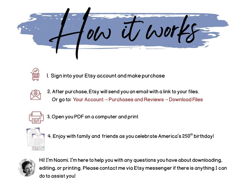 May include: A white background with the words "How it works" in black script above numbered steps. The steps explain how to purchase, download, and print files from Etsy. The image also includes a message from Naomi.