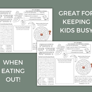 May include: Black and white printable worksheet with a word search, maze, and fill-in-the-blank activity. The worksheet features the phrase "Fruit of the Spirit" and a list of words related to the fruit of the spirit, such as love, joy, peace, patience, kindness, goodness, faithfulness, gentleness, and self-control. The worksheet is designed for children and is a fun way to learn about the fruit of the spirit.