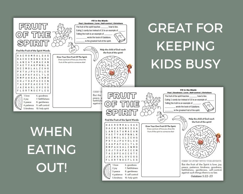 May include: Black and white printable worksheet with a word search, maze, and fill-in-the-blank activity. The worksheet features the phrase "Fruit of the Spirit" and a list of words related to the fruit of the spirit, such as love, joy, peace, patience, kindness, goodness, faithfulness, gentleness, and self-control. The worksheet is designed for children and is a fun way to learn about the fruit of the spirit.