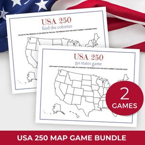 May include: Two white cards featuring black outlines of the USA map, marked "USA 250." One card reads "find the colonies," the other "50 states game." A red circle with "2 GAMES" is on the bottom card. The text "USA 250 MAP GAME BUNDLE" is at the bottom.