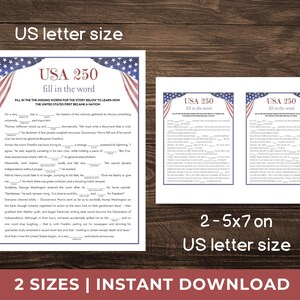 May include: Two printable worksheets with the text "USA 250 fill in the word" and a patriotic design. The worksheets are available in two sizes, US letter size and 2-5x7 inches. The text on the worksheets is a fill-in-the-blank activity.