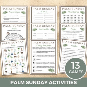 May include: A set of 13 printable Palm Sunday games for kids. The games include true or false, a to z, word search, maze, unscramble, trivia, I spy, candy dice game, and riddles. The games are decorated with palm leaves and a brown background.