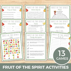 May include: A set of 13 printable games for kids about the fruit of the spirit. The games include a word search, maze, true or false, unscramble, trivia, which came first, I spy, candy dice game, and A to Z. The games are illustrated with colorful fruit and have a green and white border.
