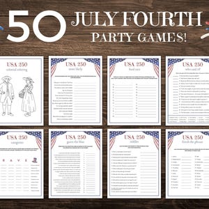 May include: A collection of eight printable party games with a patriotic theme, perfect for a Fourth of July celebration. The games include categories like "Most Likely," "Who Said It?" and "Finish the Phrase." The design features red, white, and blue accents and the text "USA 250".