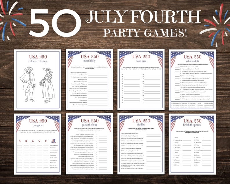 May include: A collection of eight printable party games with a patriotic theme, perfect for a Fourth of July celebration. The games include categories like "Most Likely," "Who Said It?" and "Finish the Phrase." The design features red, white, and blue accents and the text "USA 250".