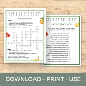 May include: A printable Fruit of the Spirit crossword puzzle and scavenger hunt. The crossword puzzle has a green background with a red strawberry and a yellow orange. The scavenger hunt has a green background with a red strawberry and a yellow banana. The text on the crossword puzzle says "Fruit of the Spirit Crossword". The text on the scavenger hunt says "Fruit of the Spirit Scavenger Hunt".