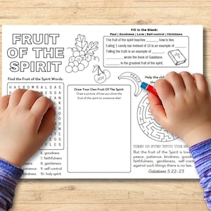 May include: A black and white printable worksheet with a word search puzzle, a maze, and a fill-in-the-blank activity. The worksheet is titled "Fruit of the Spirit" and features the words "love", "joy", and "peace".
