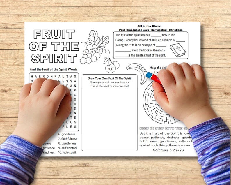 May include: A black and white printable worksheet with a word search puzzle, a maze, and a fill-in-the-blank activity. The worksheet is titled "Fruit of the Spirit" and features the words "love", "joy", and "peace".