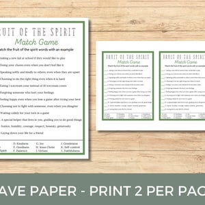 May include: A printable game for kids to learn about the fruit of the spirit. The game features 12 examples of the fruit of the spirit, such as doing your chores even when you don't feel like it, and speaking softly and kindly to others. The game also includes a list of the fruit of the spirit words, such as love, peace, joy, and kindness.