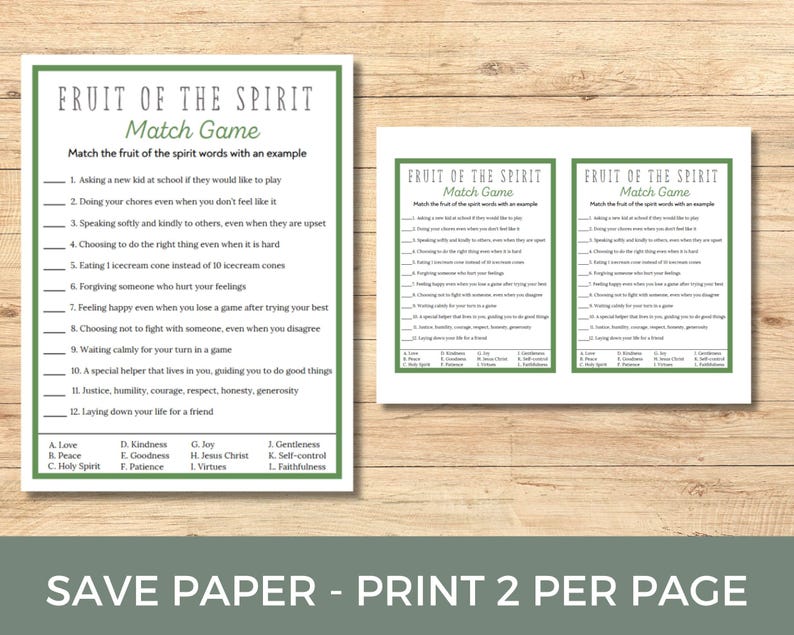 May include: A printable game for kids to learn about the fruit of the spirit. The game features 12 examples of the fruit of the spirit, such as doing your chores even when you don't feel like it, and speaking softly and kindly to others. The game also includes a list of the fruit of the spirit words, such as love, peace, joy, and kindness.