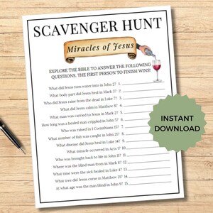 May include: A printable scavenger hunt game with a white background and black text. The game is titled "Miracles of Jesus" and features a list of questions about miracles from the Bible. The game is designed for a group of people to play together.