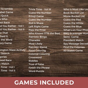 May include: A wooden background displays a list of games, including Word Scramble, Trivia Time, and Emoji Game. The text "GAMES INCLUDED" is at the bottom. The games are categorized and suitable for various ages and interests.