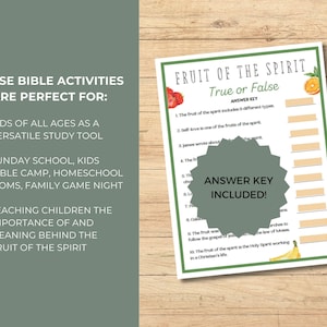 May include: A printable Bible study game for kids and adults. The game is called "Fruit of the Spirit: True or False". The game features a green background with fruit illustrations and text in black and white.