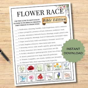 May include: A printable flower race game with a Bible theme. The game includes 12 flowers with their corresponding biblical meanings. The flowers are illustrated with watercolor paintings.