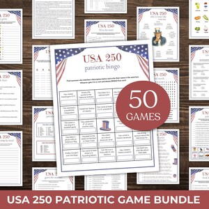May include: A collection of patriotic games, including bingo and trivia, with a red circle that says "50 GAMES". The games feature American flag designs and the text "USA 250". The bundle is designed for patriotic celebrations.